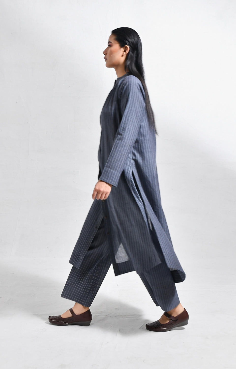 Khadi charcoal striped neck gather co-ord set for women