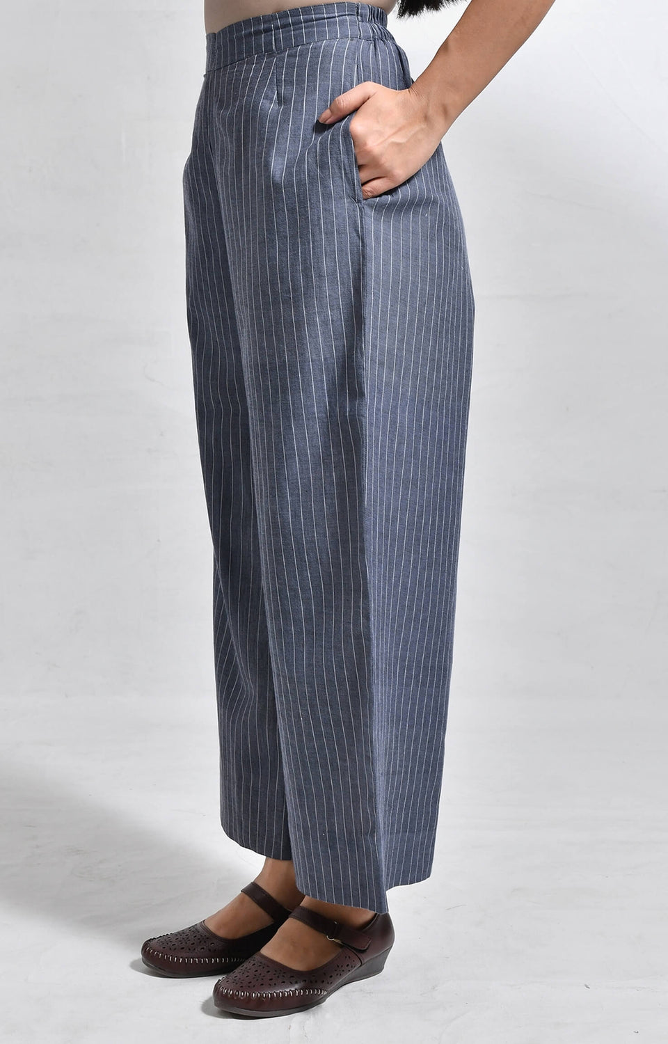 Khadi charcoal striped neck gather co-ord set for women
