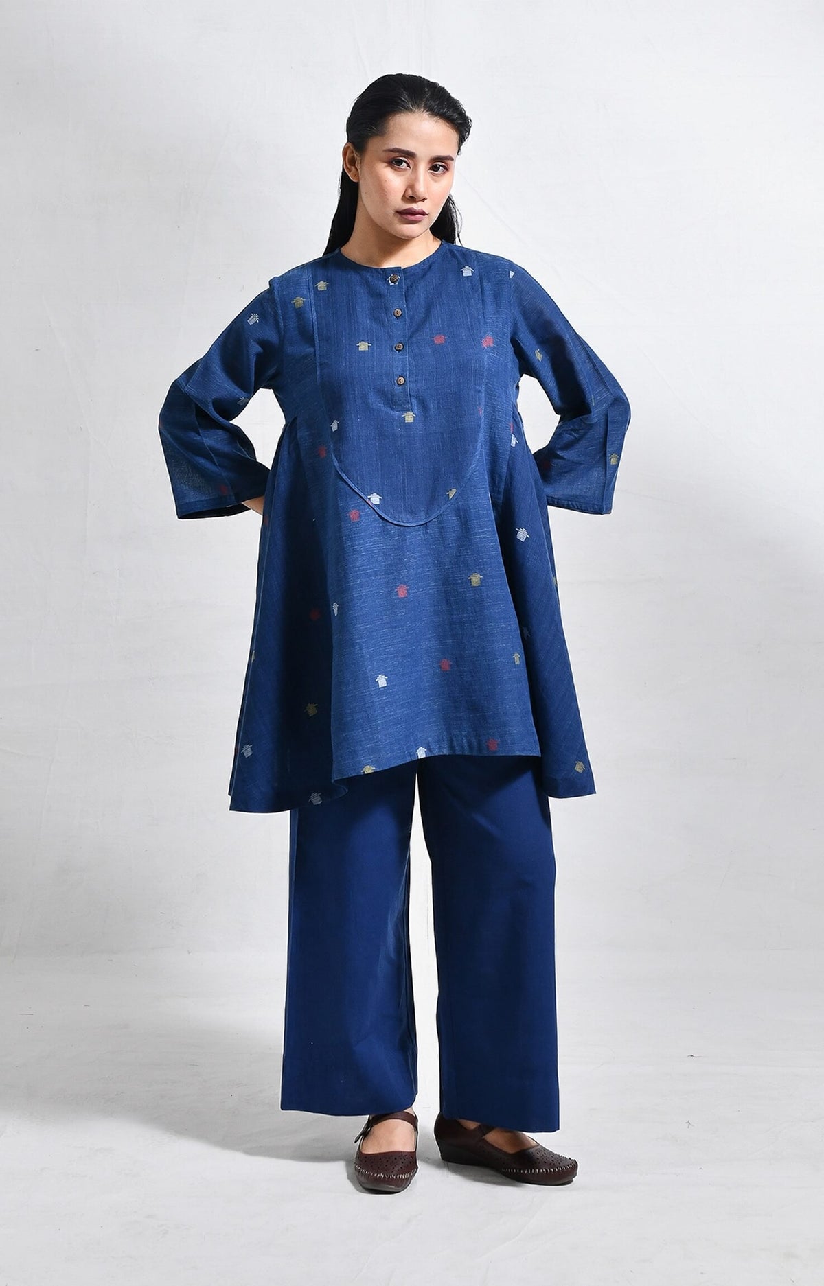 Elara indigo jamdani short side gather co-ord set - handloom wear