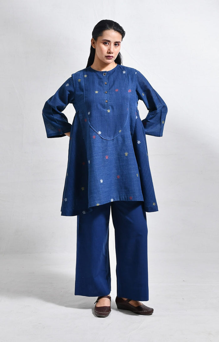 Elara indigo jamdani short side gather co-ord set - handloom wear