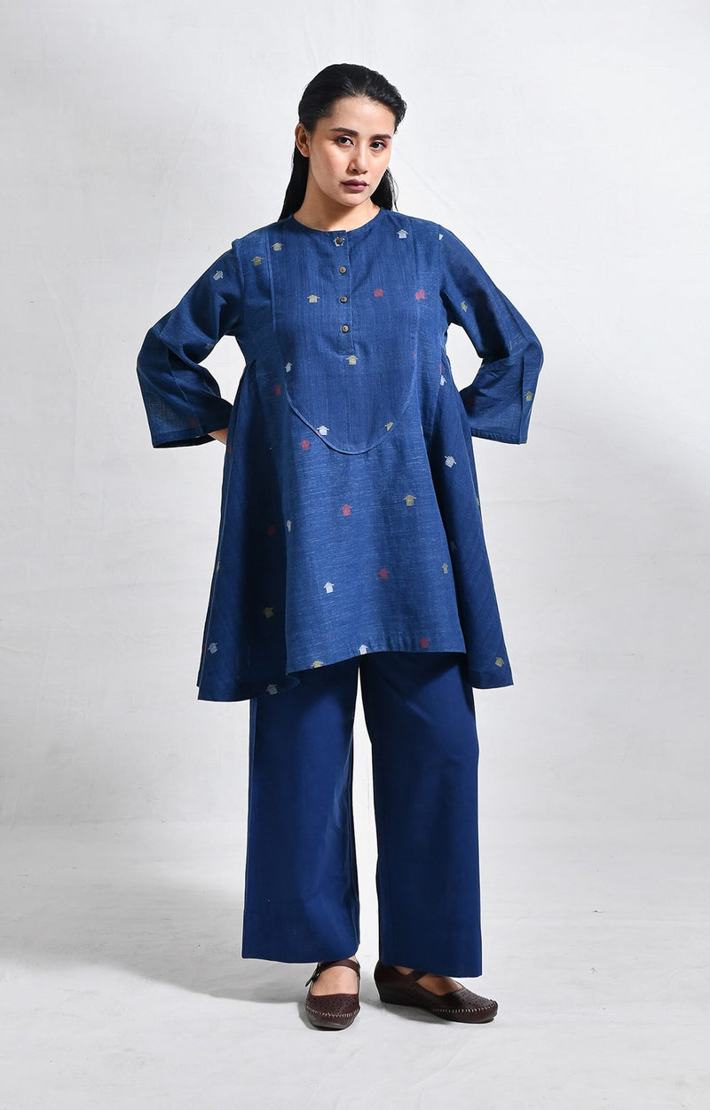 Elara indigo jamdani short side gather co-ord set - handloom wear