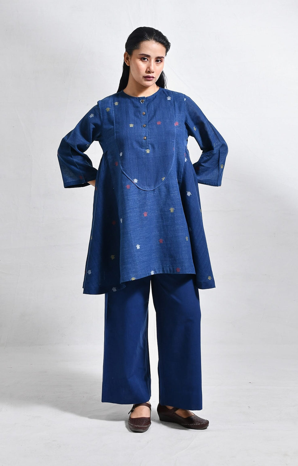 Elara indigo jamdani short side gather co-ord set - handloom wear