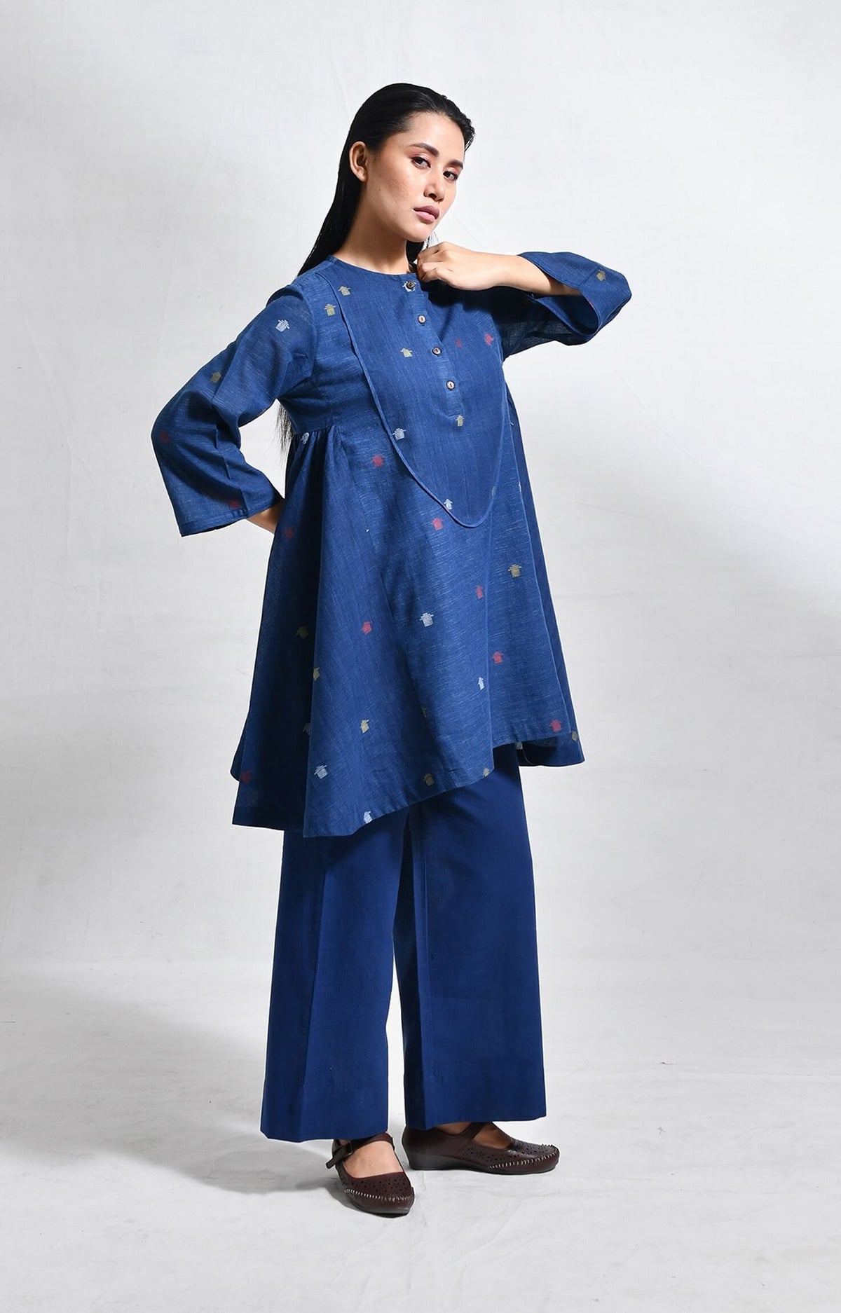 Elara indigo jamdani short side gather co-ord set - handloom wear