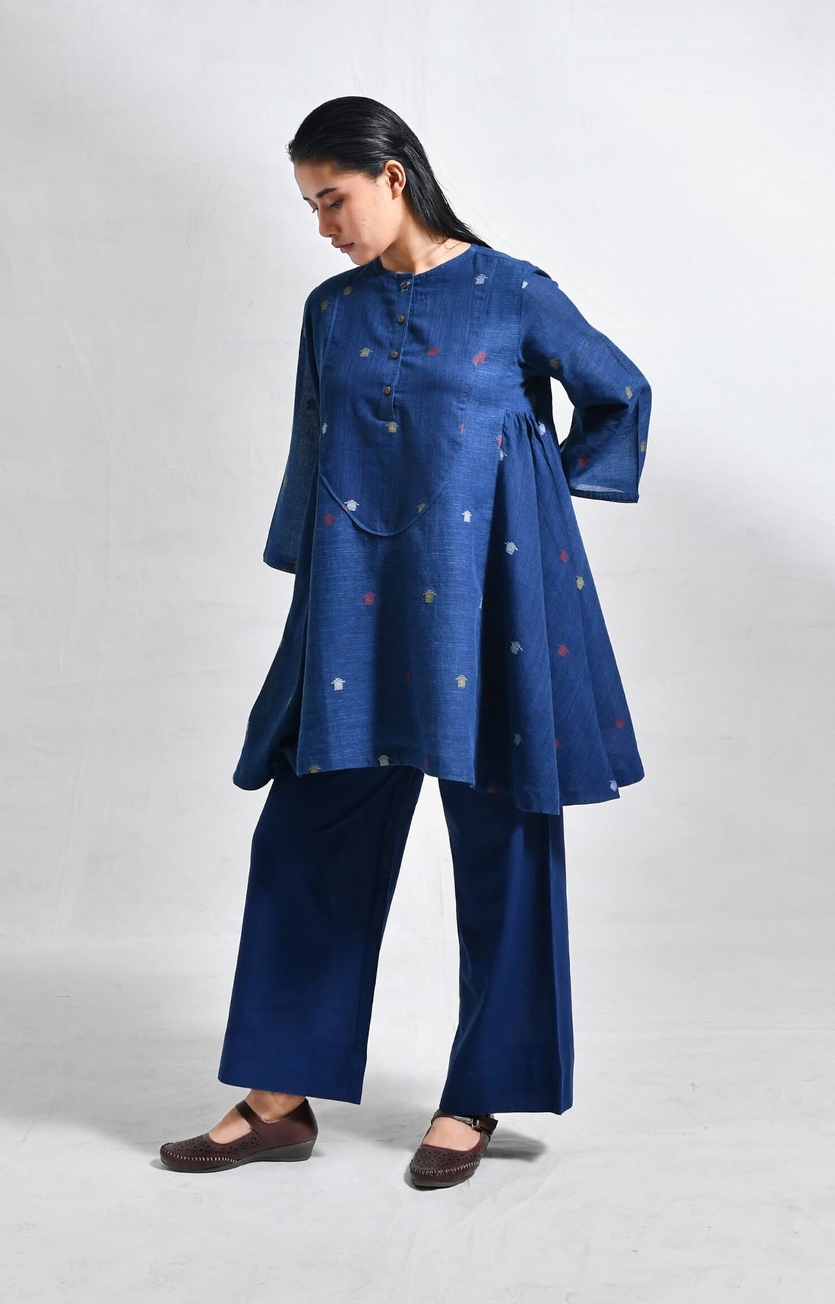 Elara indigo jamdani short side gather co-ord set - handloom wear