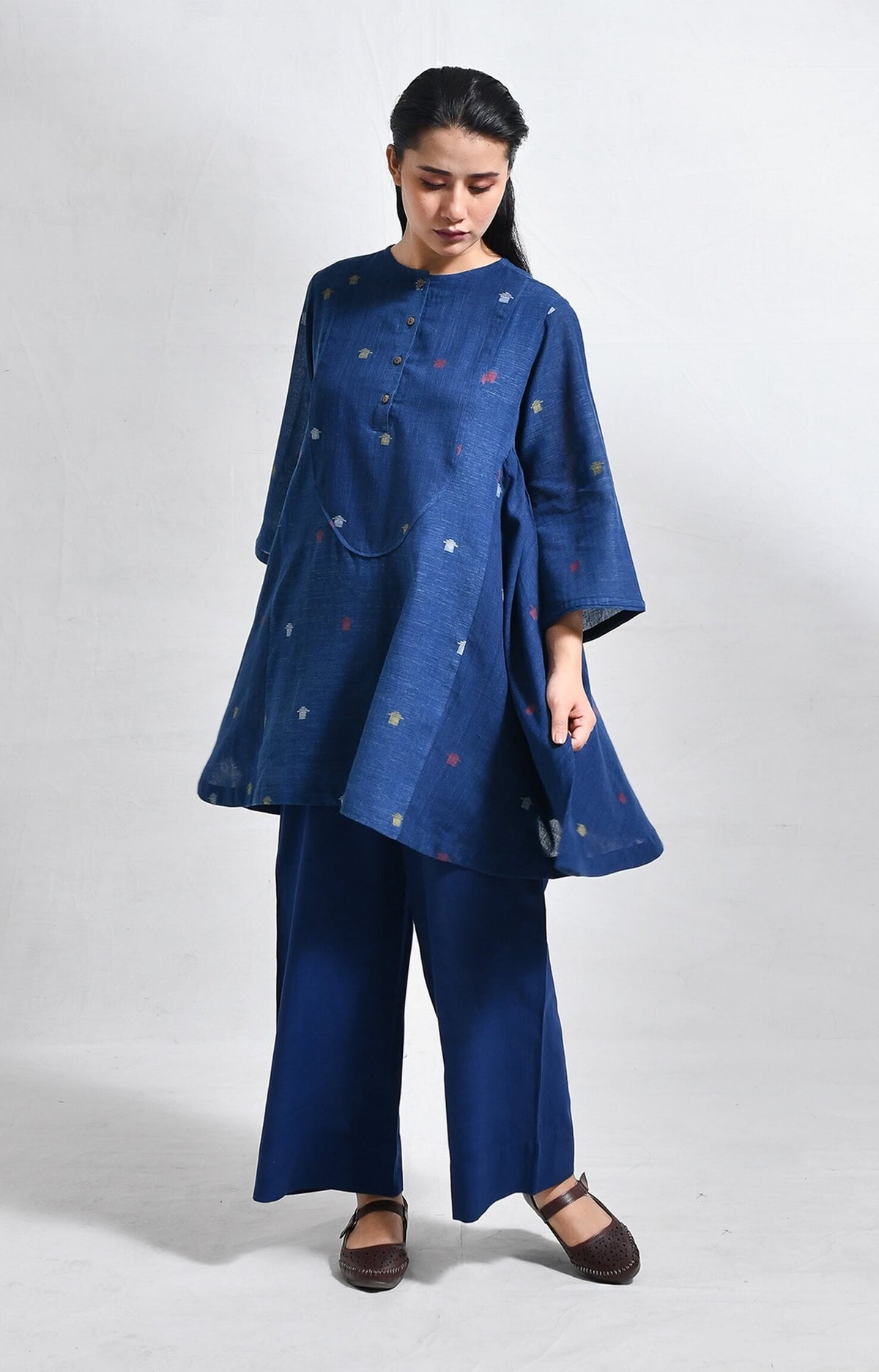 Elara indigo jamdani short side gather co-ord set - handloom wear