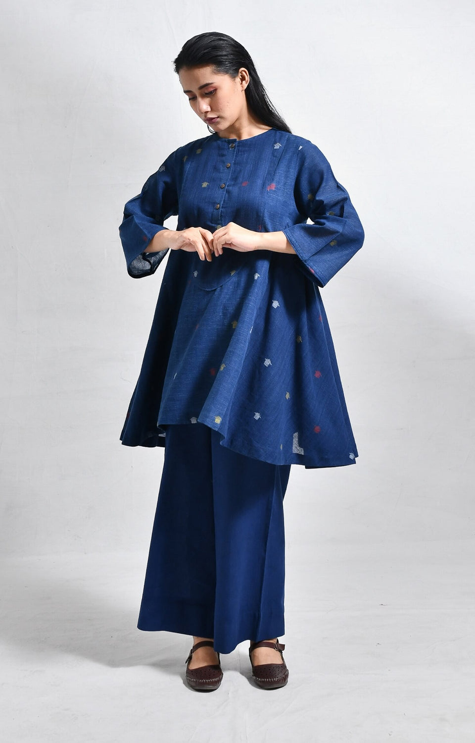 Elara indigo jamdani short side gather co-ord set - handloom wear