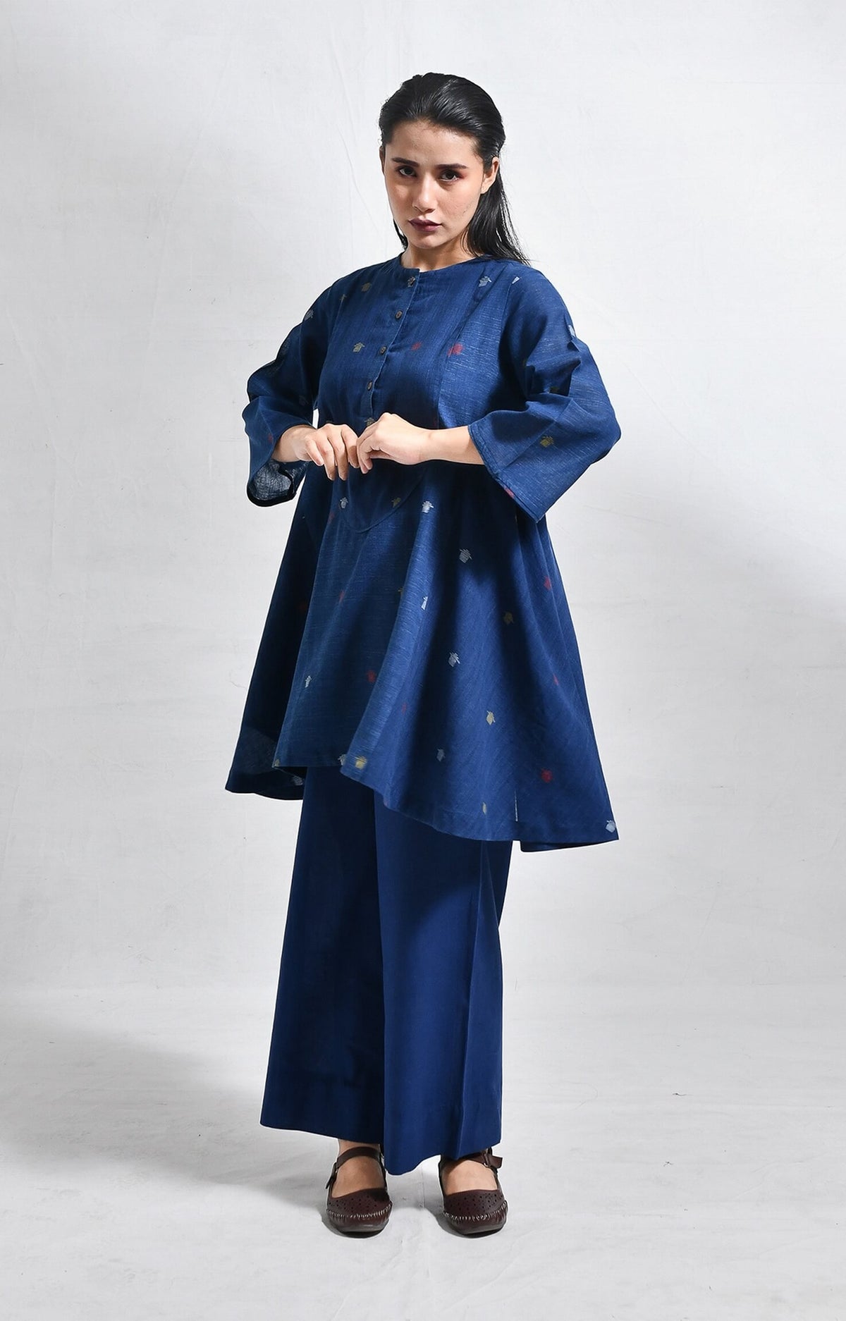 Elara indigo jamdani short side gather co-ord set - handloom wear