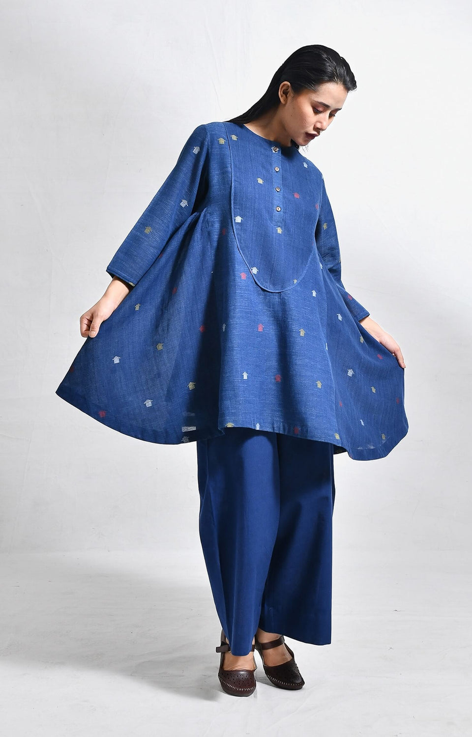 Elara indigo jamdani short side gather co-ord set - handloom wear