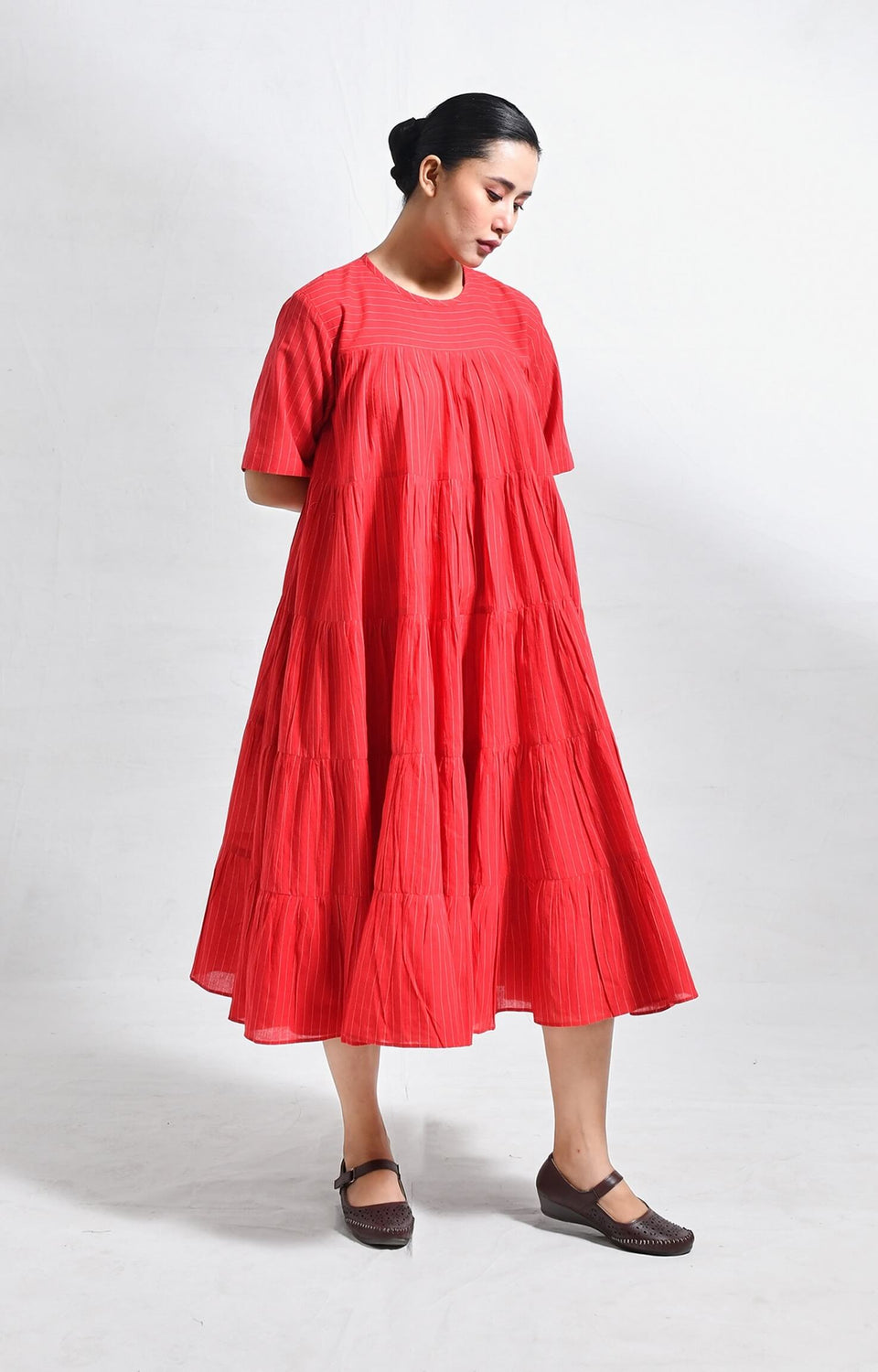 Red Khadi striped tier dress with relaxed fit and tiered design for women - Hiranya