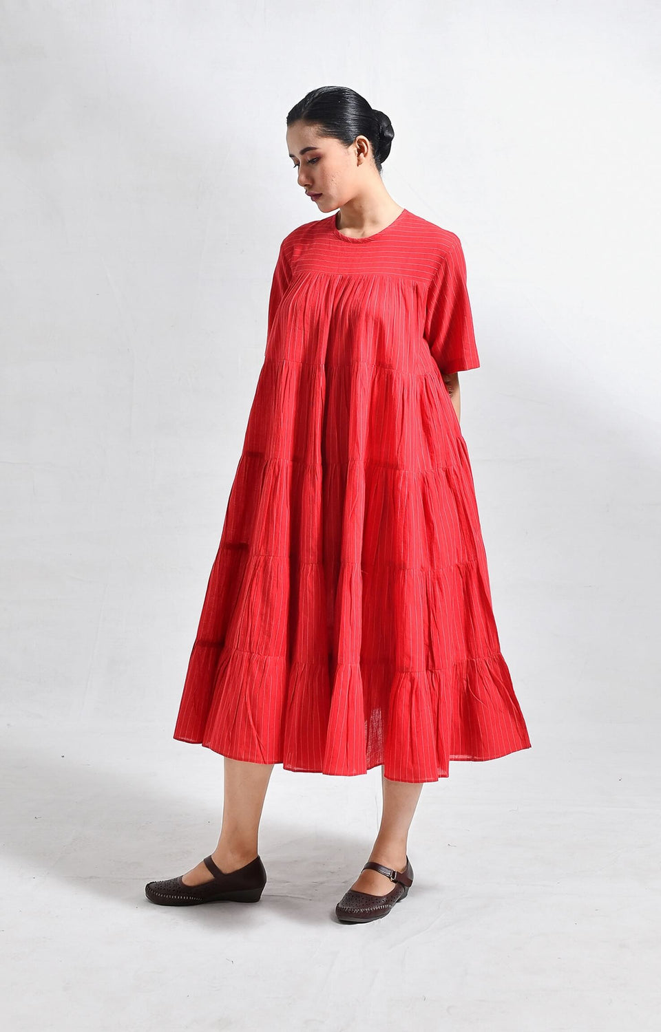 Red Khadi striped tier dress with relaxed fit and tiered design for women - Hiranya