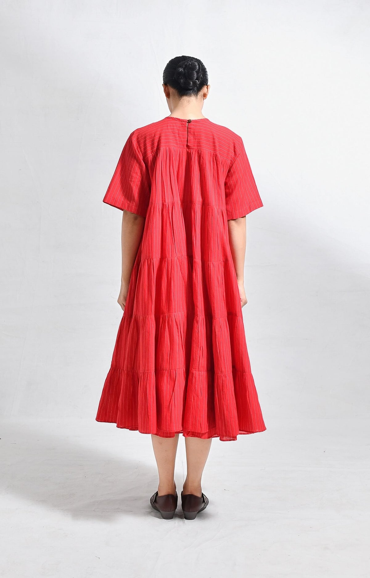 Red Khadi striped tier dress with relaxed fit and tiered design for women - Hiranya