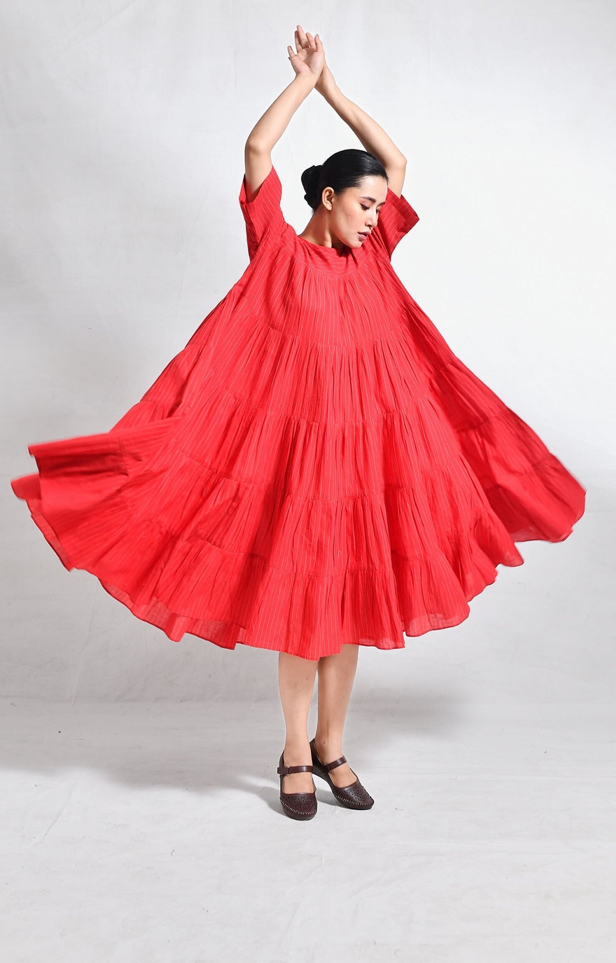 Red Khadi striped tier dress with relaxed fit and tiered design for women - Hiranya