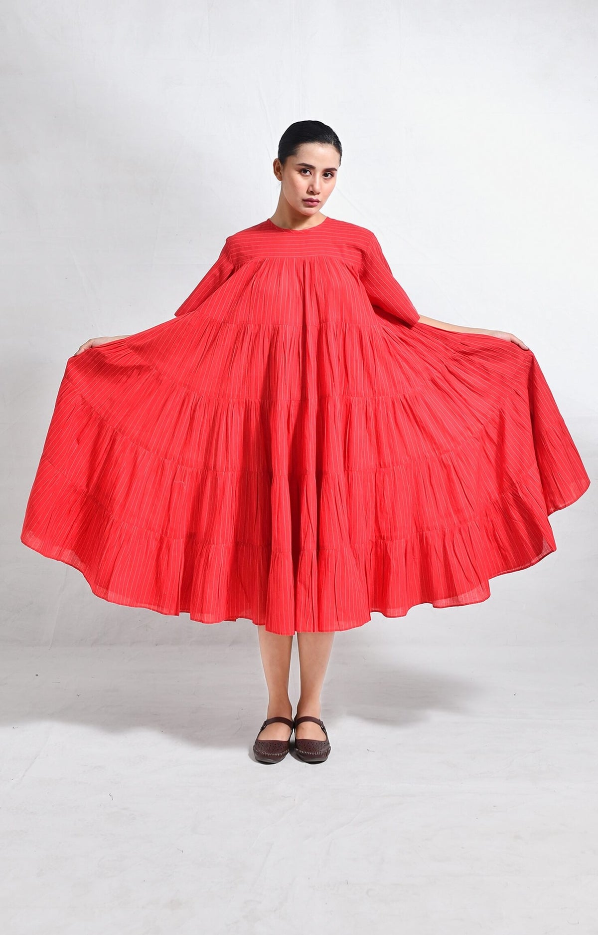 Red Khadi striped tier dress with relaxed fit and tiered design for women - Hiranya