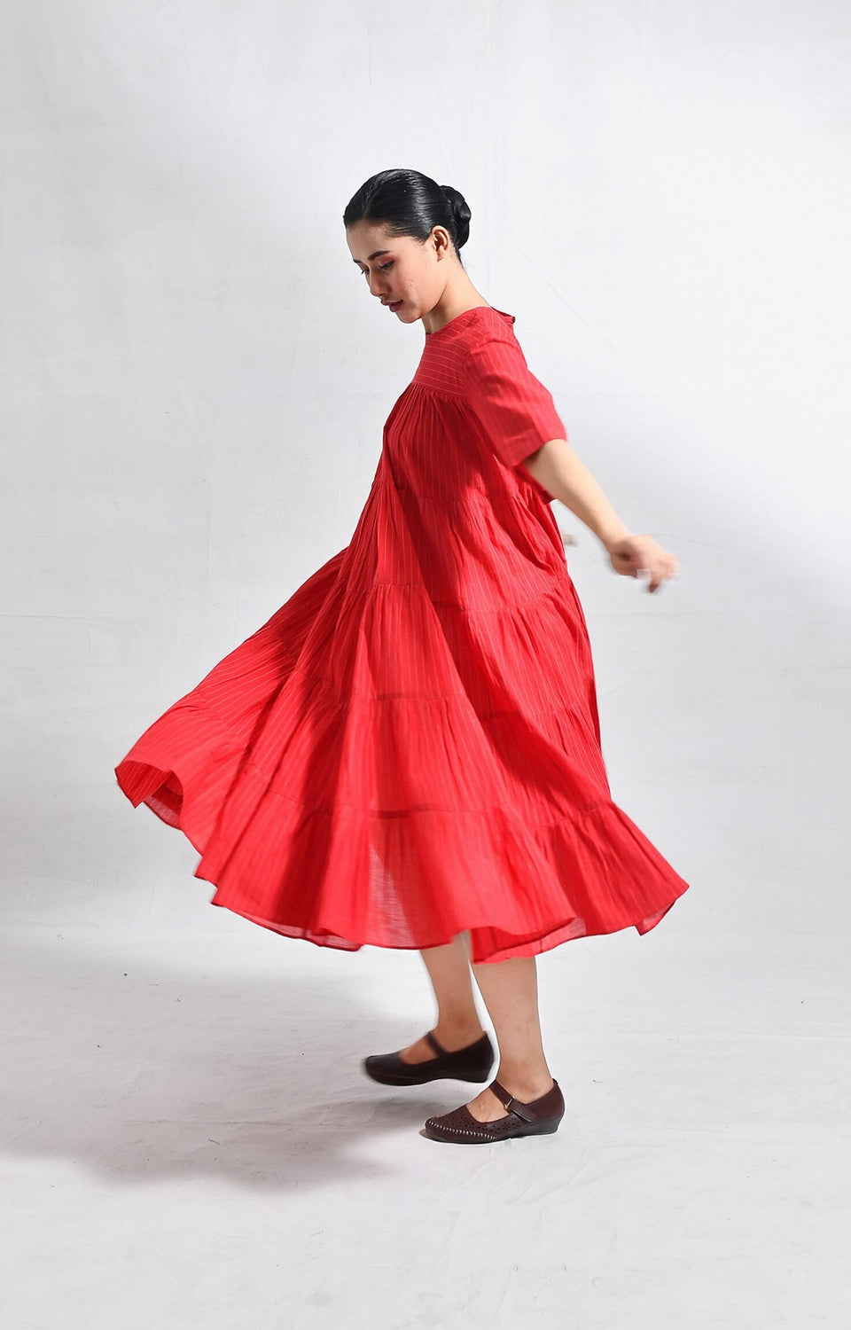 Red Khadi striped tier dress with relaxed fit and tiered design for women - Hiranya