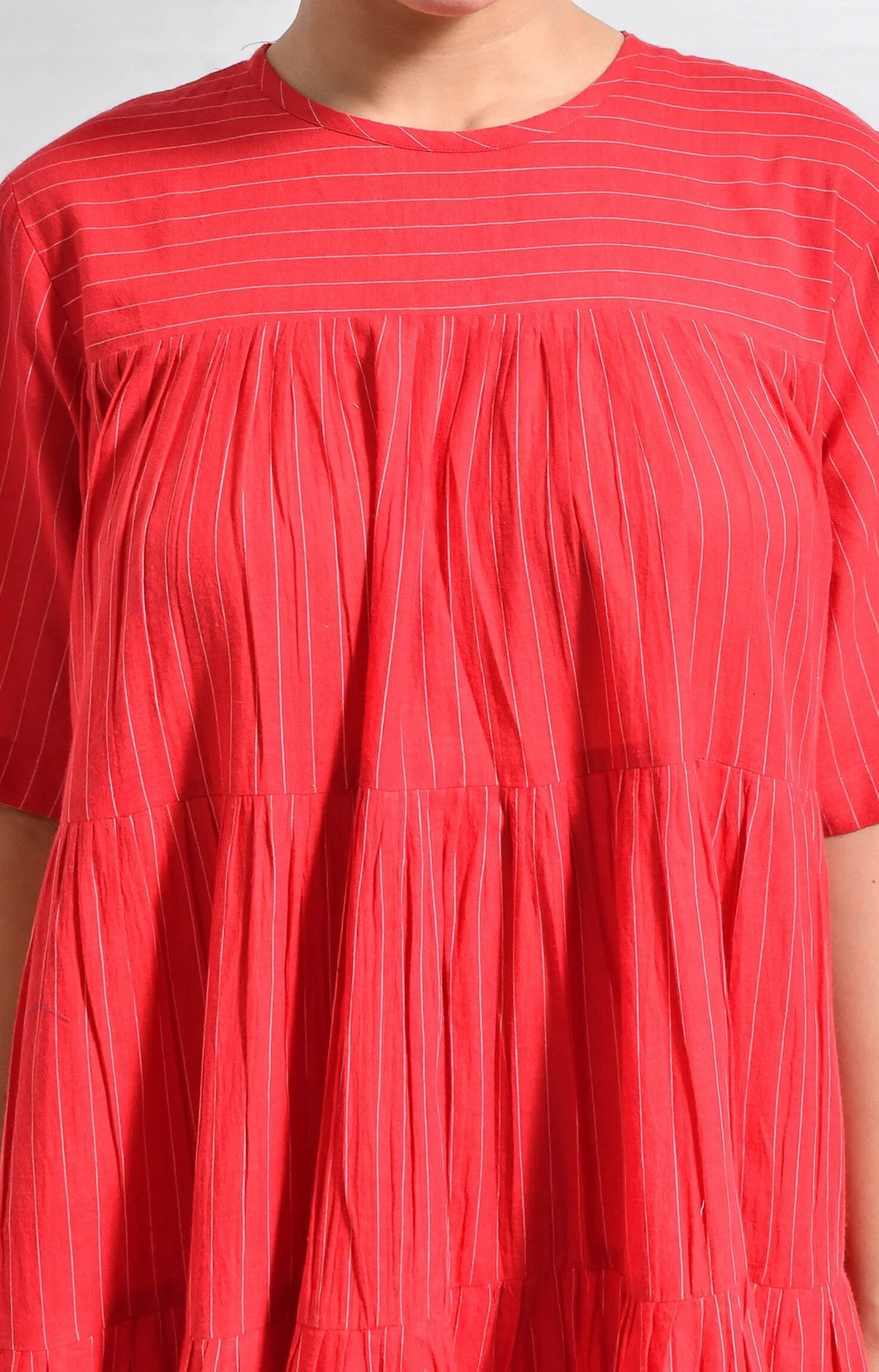 Red Khadi striped tier dress with relaxed fit and tiered design for women - Hiranya