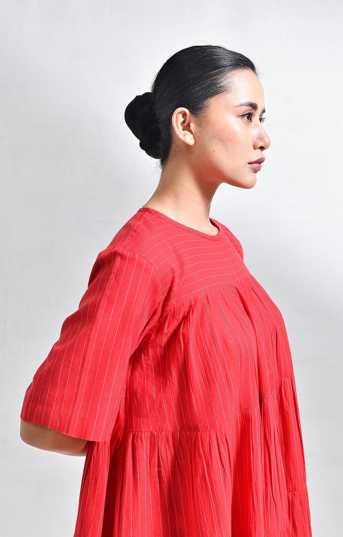Red Khadi striped tier dress with relaxed fit and tiered design for women - Hiranya