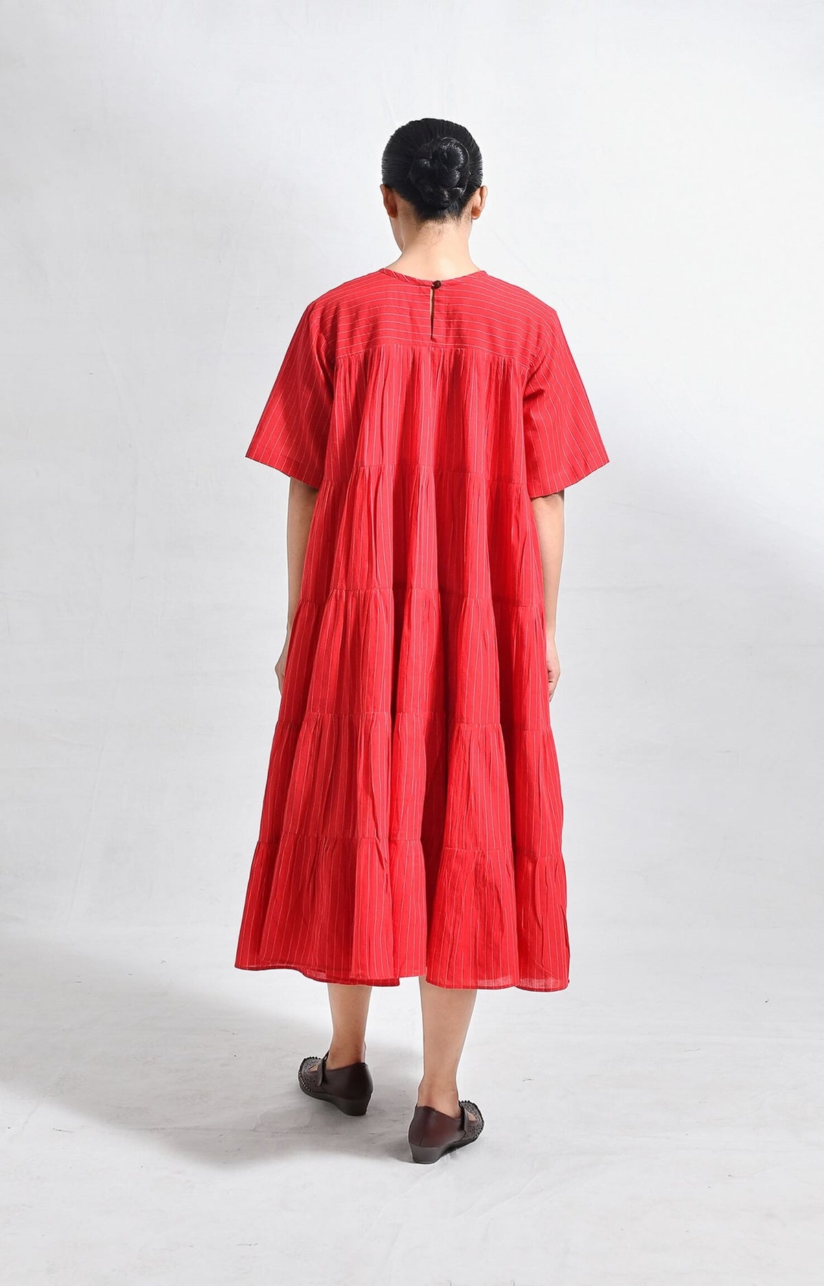 Red Khadi striped tier dress with relaxed fit and tiered design for women - Hiranya