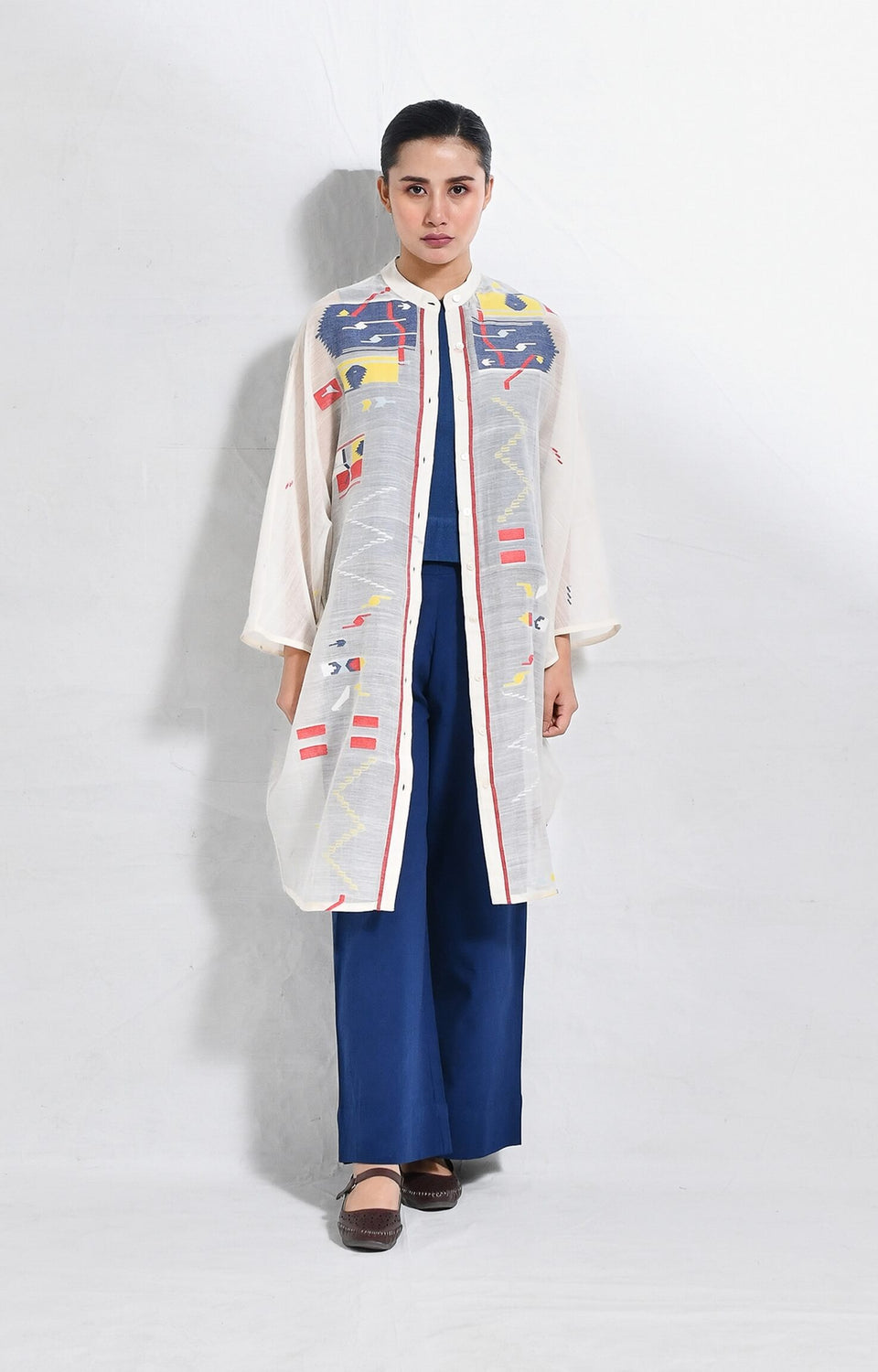 White-Blue Block print jamdani kaftan set for women – Hiranya