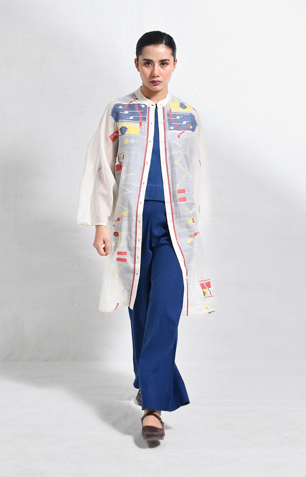 White-Blue Block print jamdani kaftan set for women – Hiranya