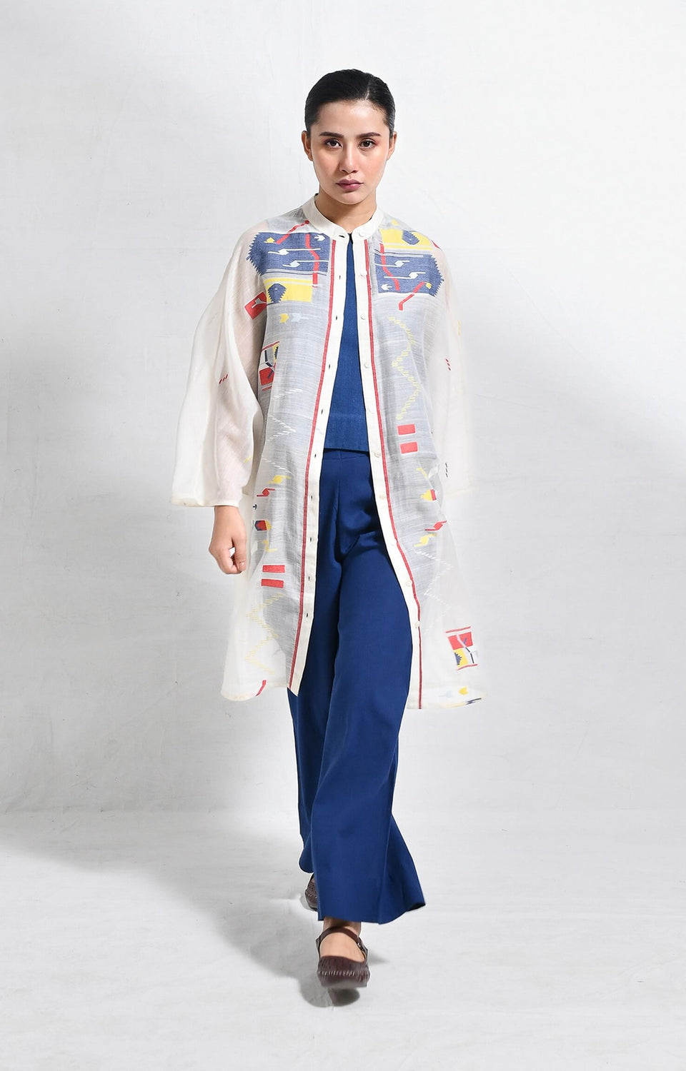 White-Blue Block print jamdani kaftan set for women – Hiranya