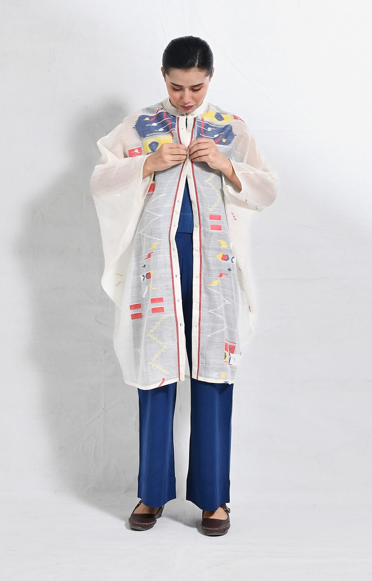 White-Blue Block print jamdani kaftan set for women – Hiranya