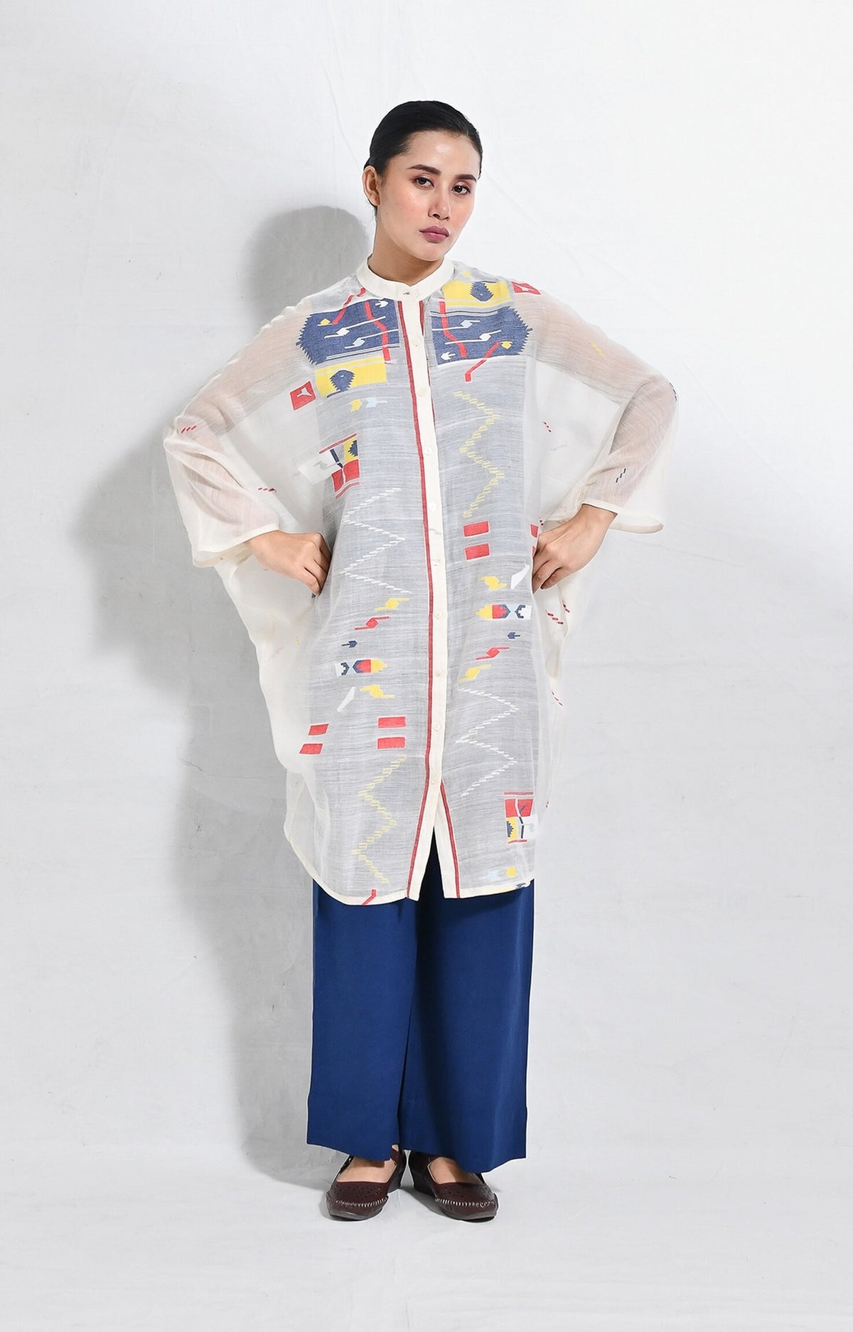 White-Blue Block print jamdani kaftan set for women – Hiranya