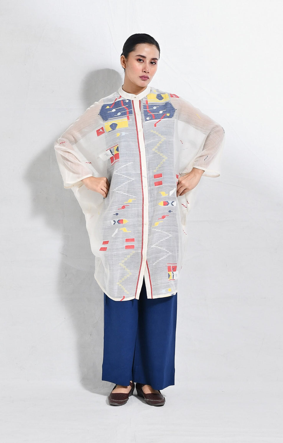 White-Blue Block print jamdani kaftan set for women – Hiranya