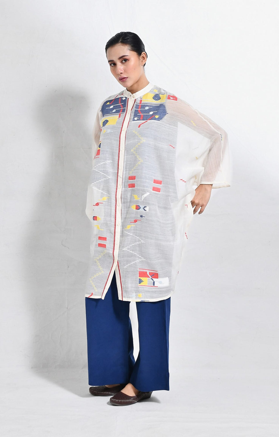 White-Blue Block print jamdani kaftan set for women – Hiranya