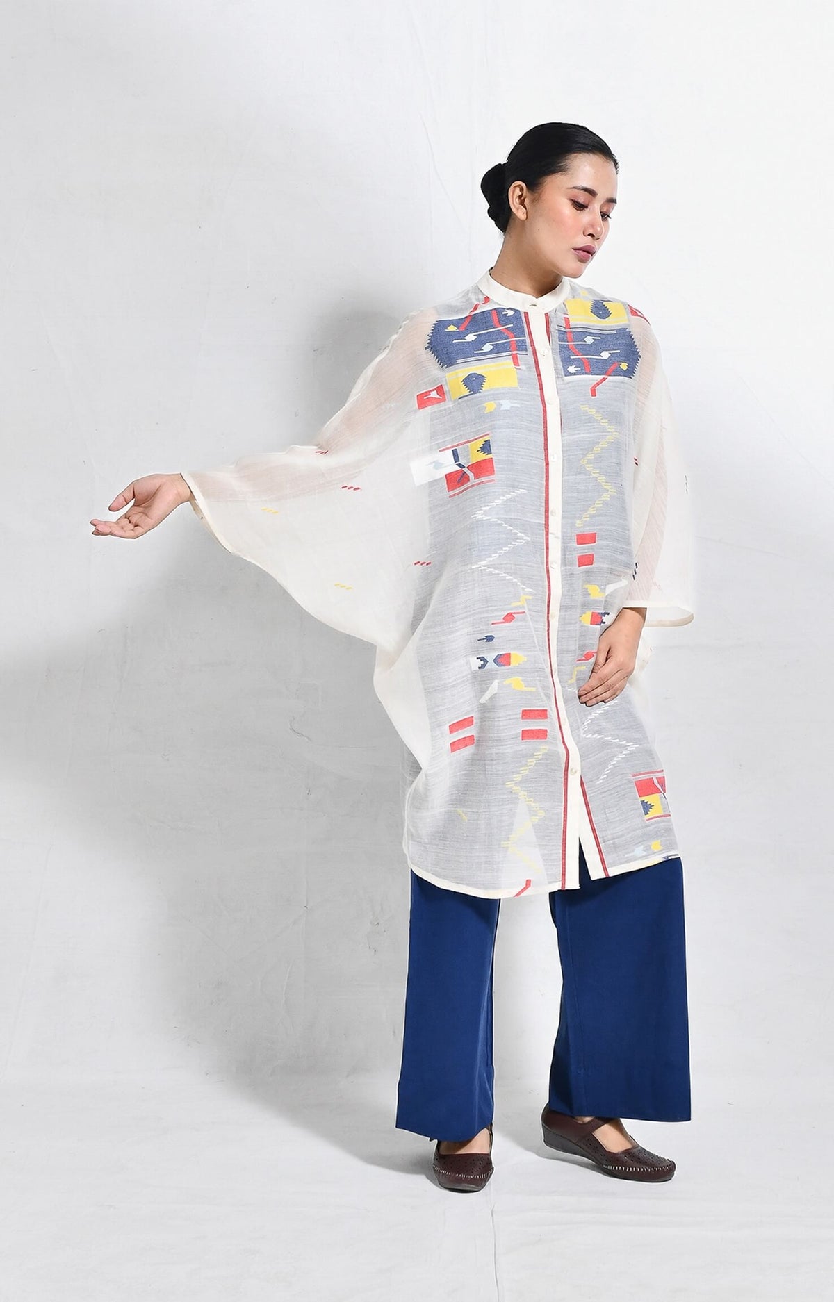 White-Blue Block print jamdani kaftan set for women – Hiranya