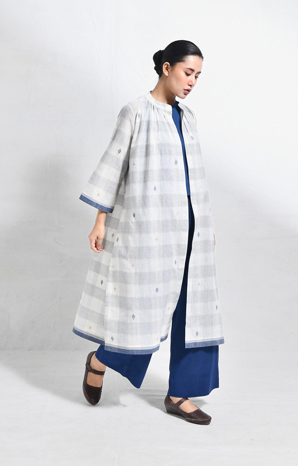 Indigo jamdani jacket co-ord 3-piece set - handloom ethnic