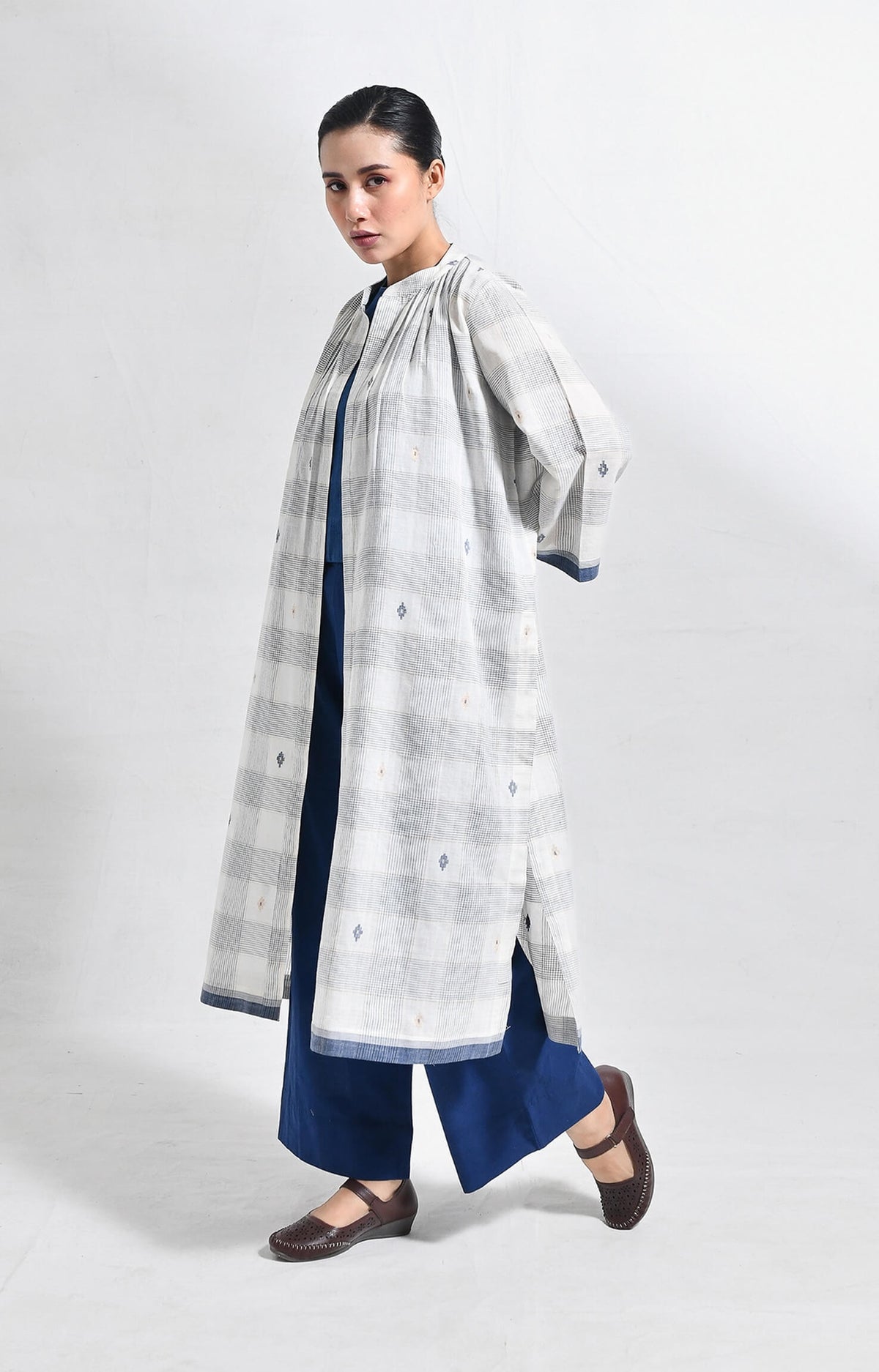 Indigo jamdani jacket co-ord 3-piece set - handloom ethnic