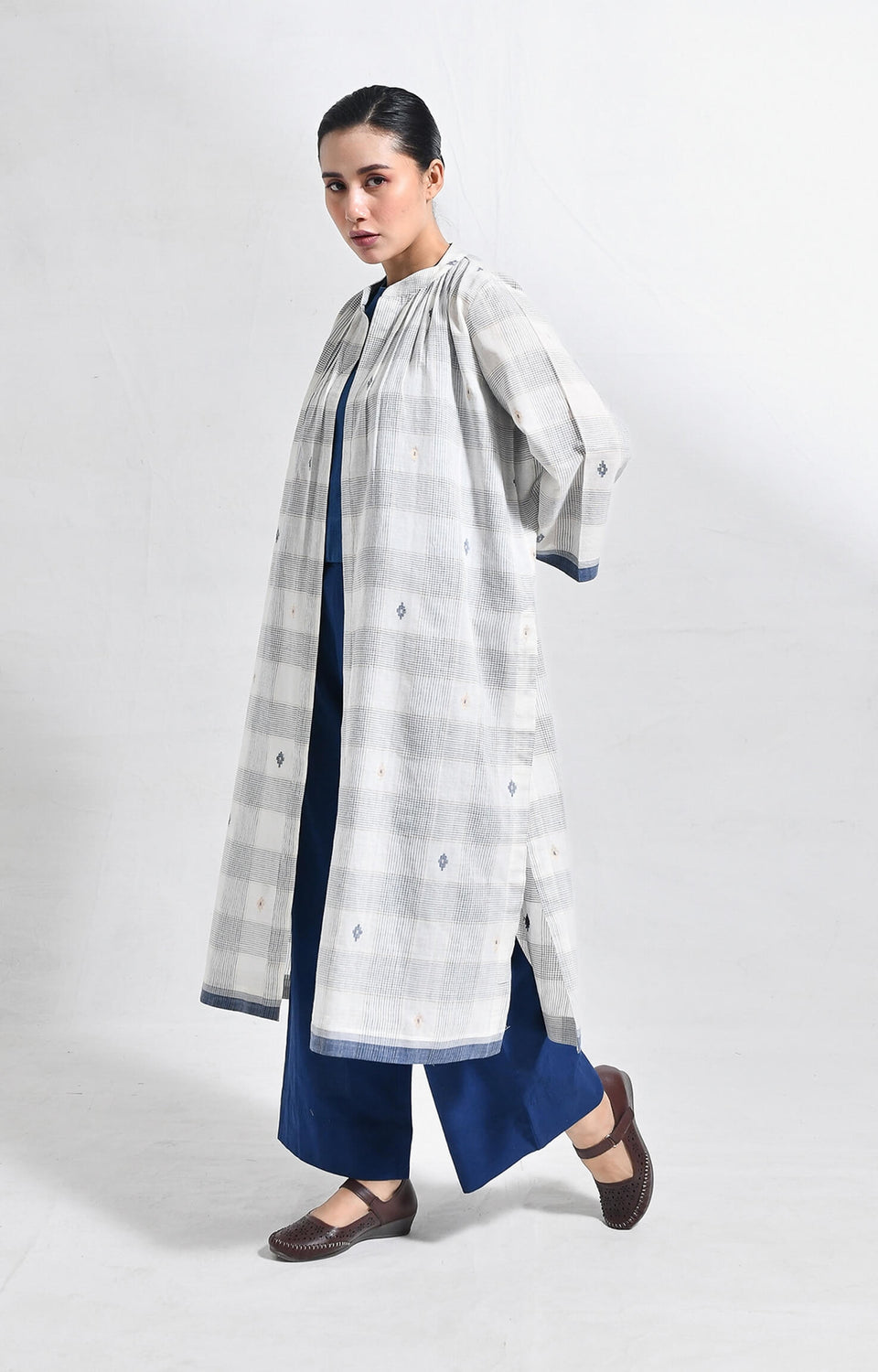 Indigo jamdani jacket co-ord 3-piece set - handloom ethnic
