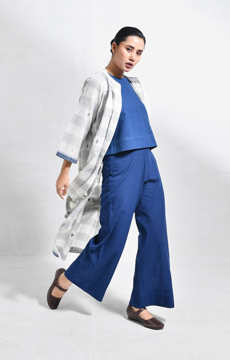 Indigo jamdani jacket co-ord 3-piece set - handloom ethnic