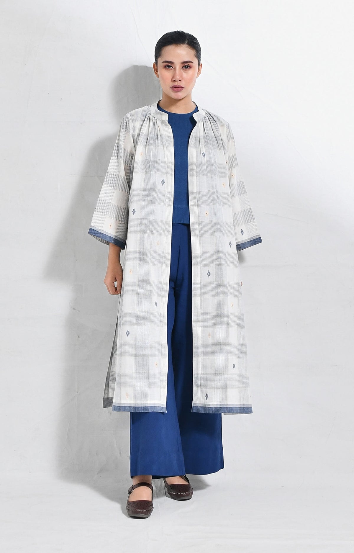 Indigo jamdani jacket co-ord 3-piece set - handloom ethnic