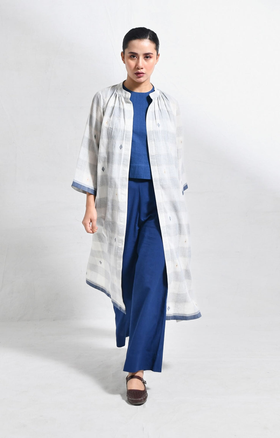 Indigo jamdani jacket co-ord 3-piece set - handloom ethnic