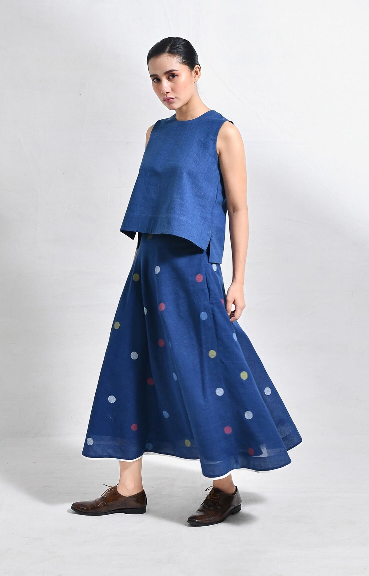 Handwoven khadi crop top with polka jamdani ureb skirt set for women - Hiranya