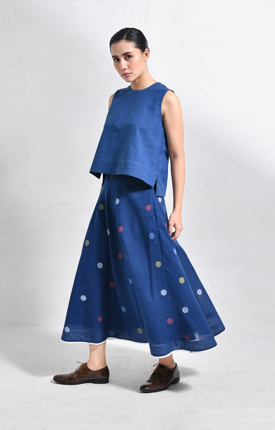 Handwoven khadi crop top with polka jamdani ureb skirt set for women - Hiranya