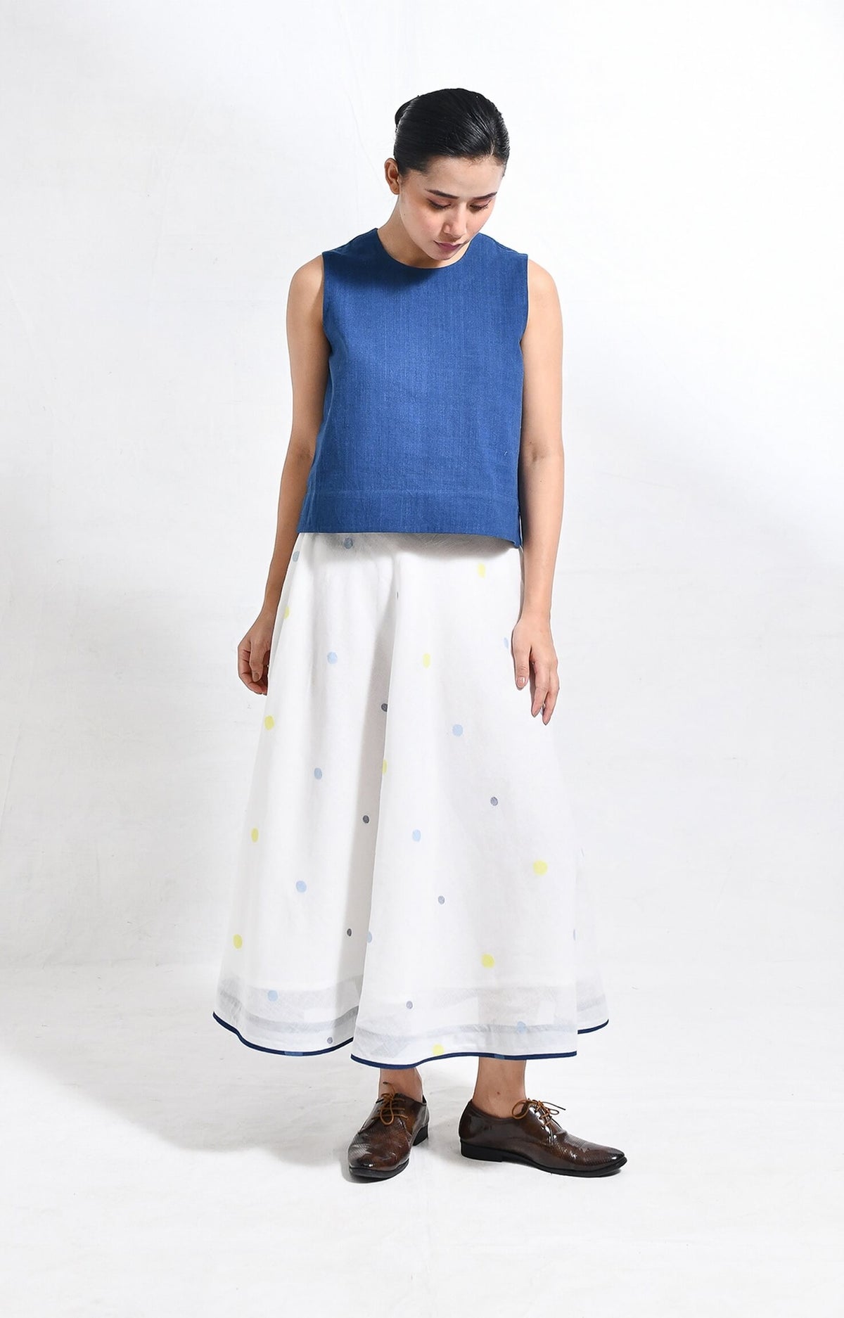 Handwoven khadi Blue and white crop top with polka jamdani ureb skirt set for women - Hiranya