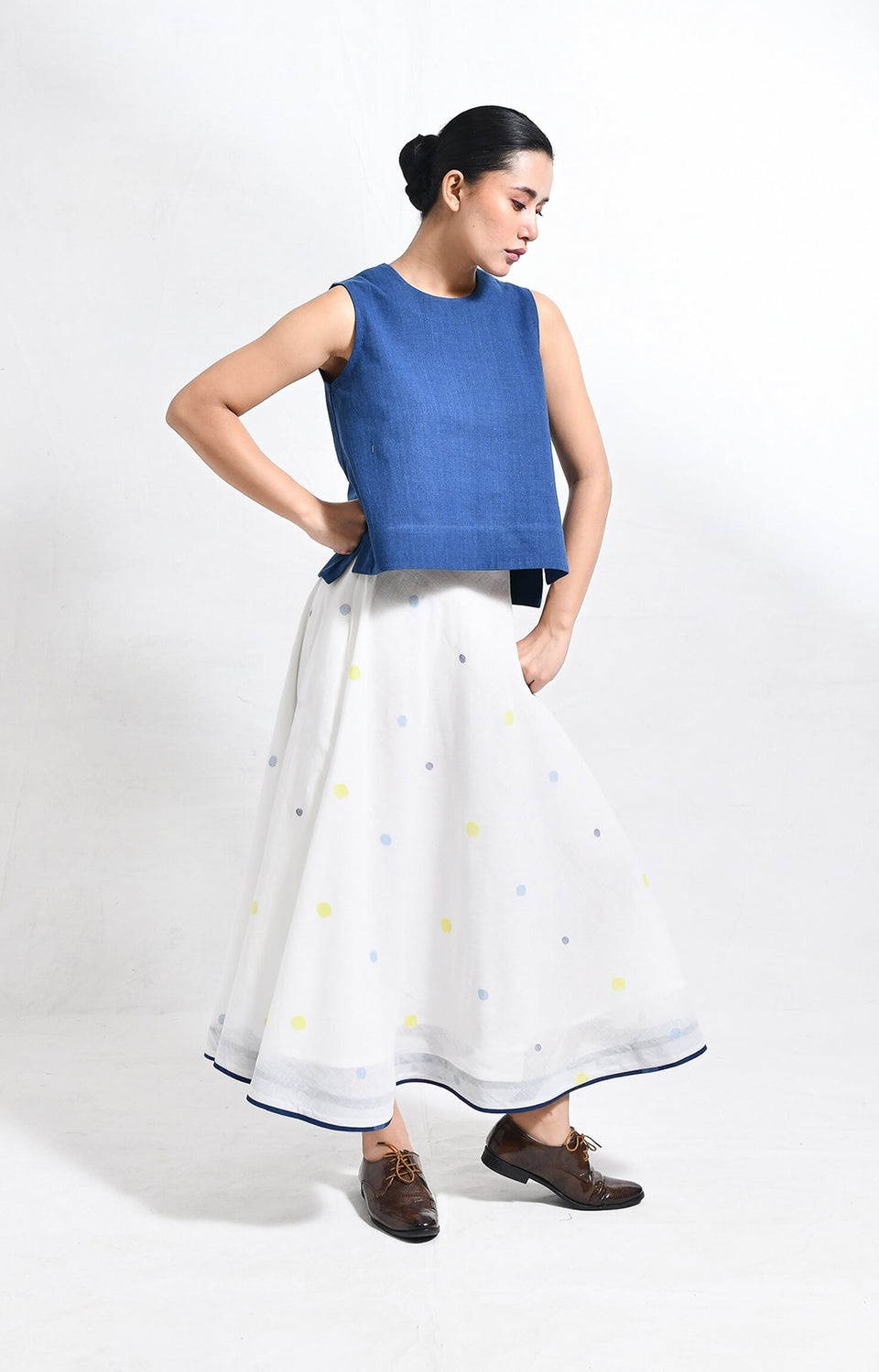 Handwoven khadi Blue and white crop top with polka jamdani ureb skirt set for women - Hiranya