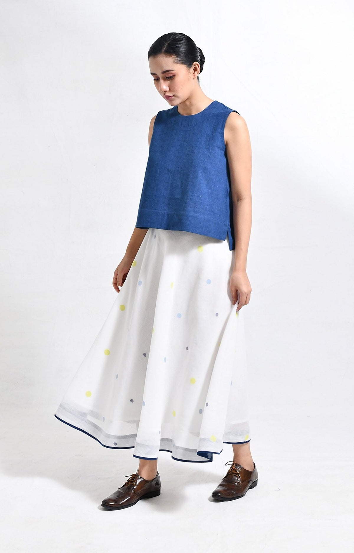 Handwoven khadi Blue and white crop top with polka jamdani ureb skirt set for women - Hiranya