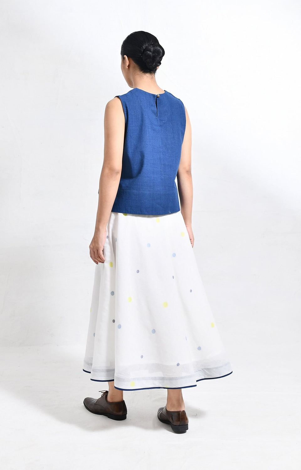 Handwoven khadi Blue and white crop top with polka jamdani ureb skirt set for women - Hiranya