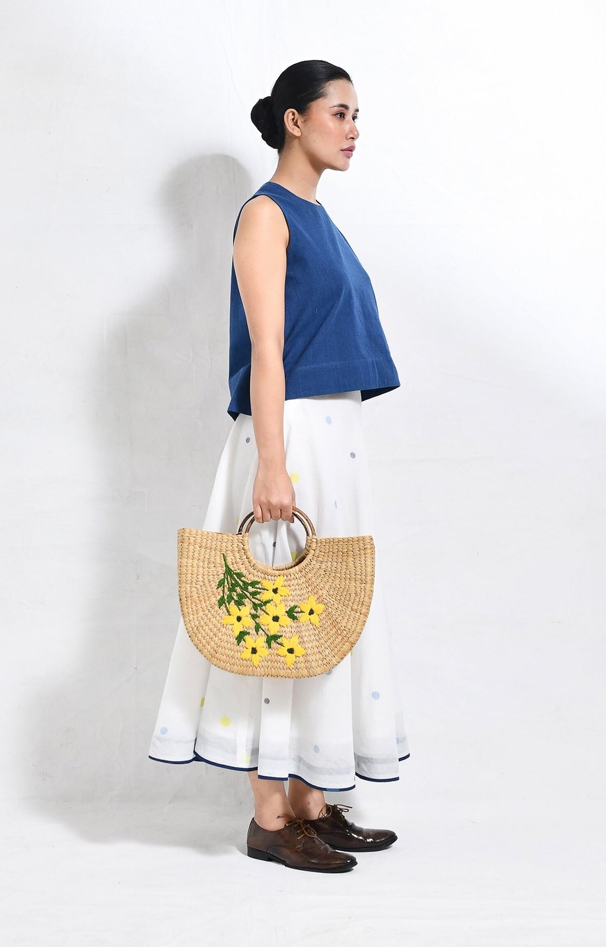 Handwoven khadi Blue and white crop top with polka jamdani ureb skirt set for women - Hiranya