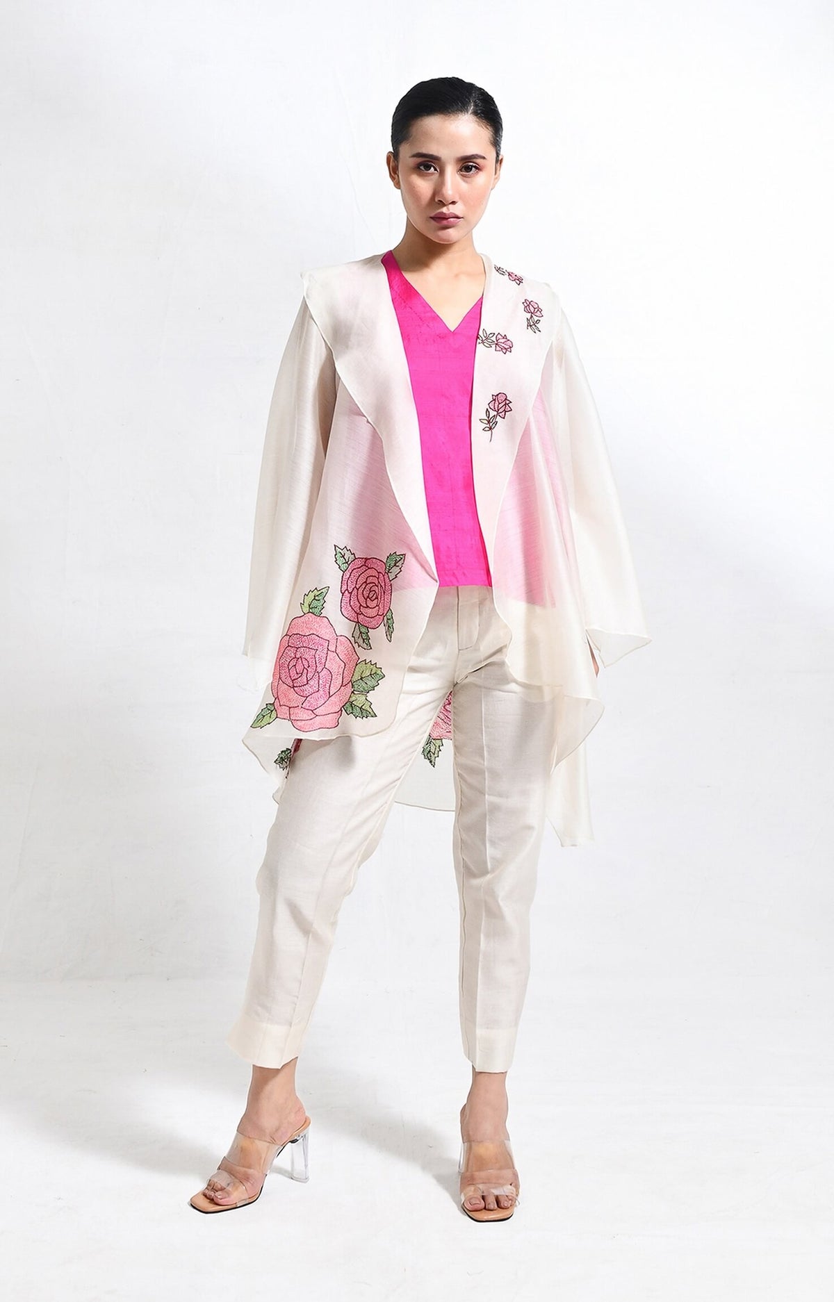 Rose chanderi silk jacket co-ord set of 3 – handwoven co-ord set - Hiranya