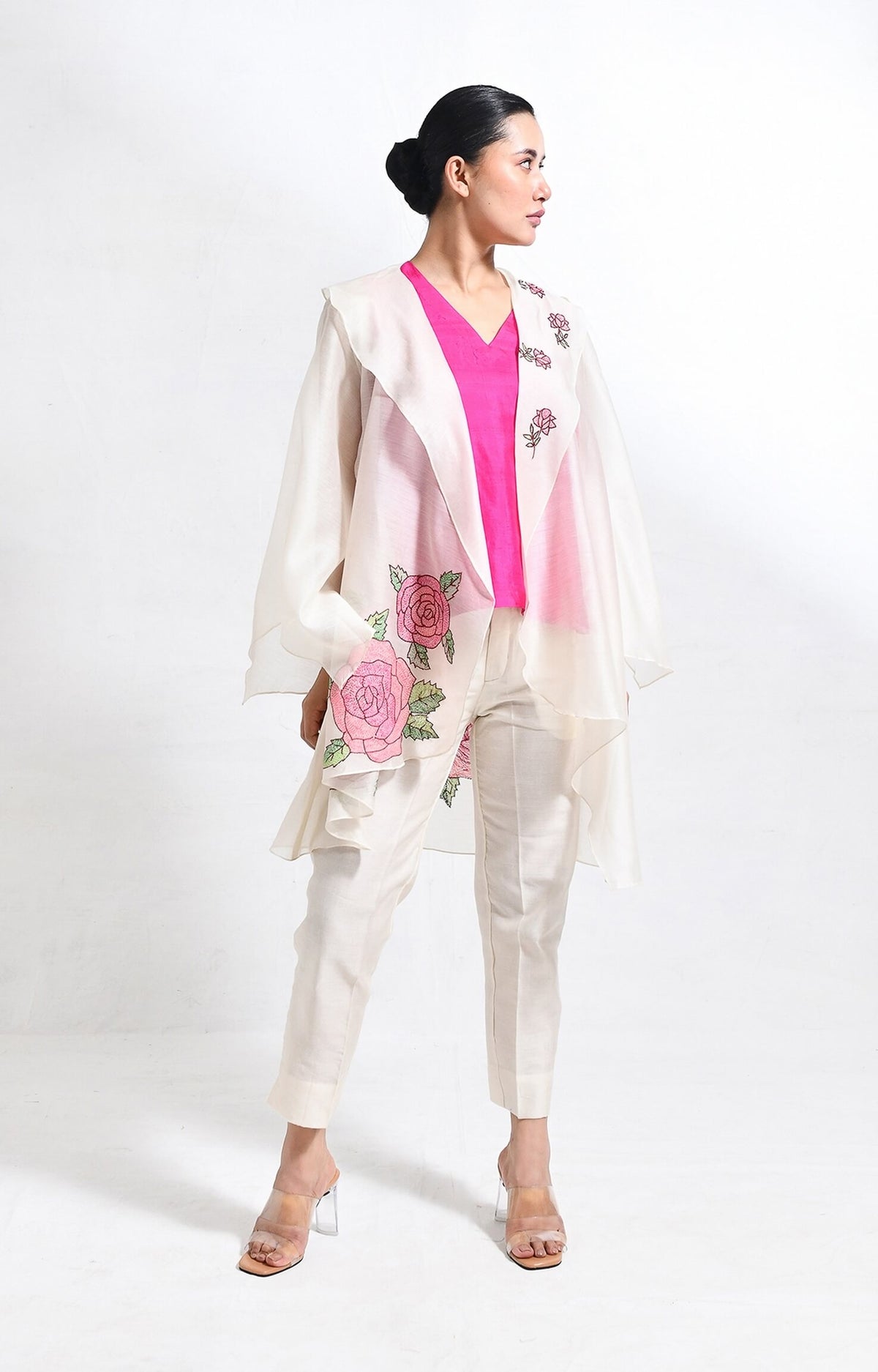 Rose chanderi silk jacket co-ord set of 3 – handwoven co-ord set - Hiranya