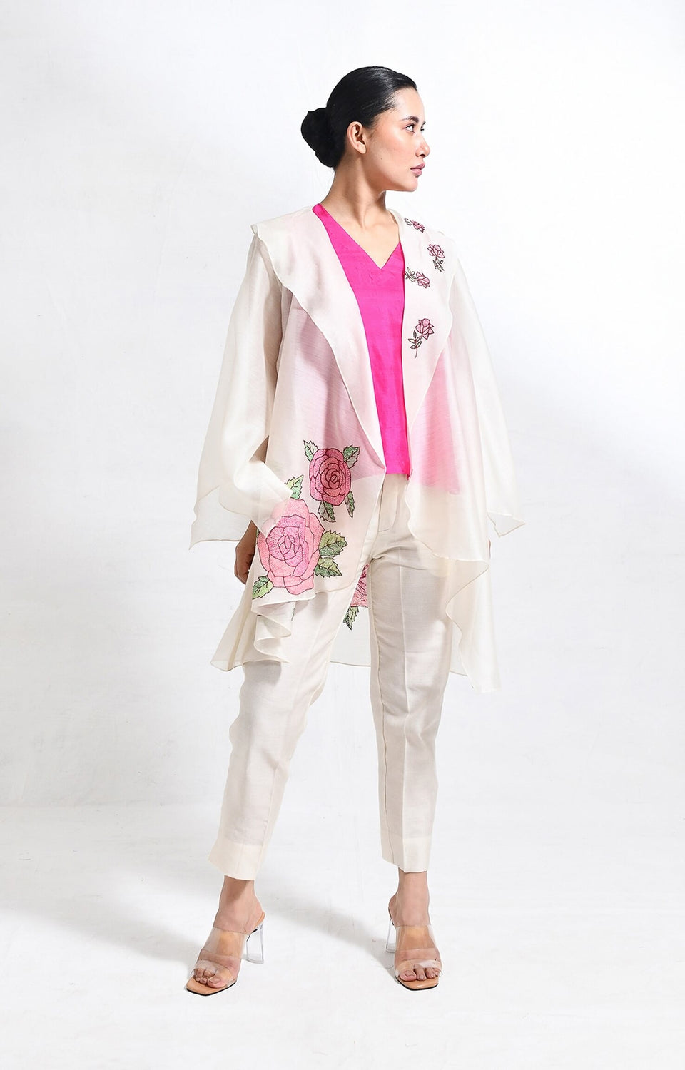 Rose chanderi silk jacket co-ord set of 3 – handwoven co-ord set - Hiranya