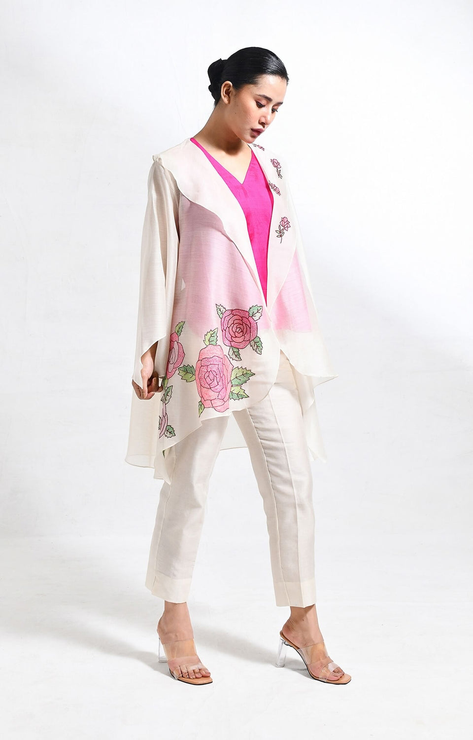 Rose chanderi silk jacket co-ord set of 3 – handwoven co-ord set - Hiranya
