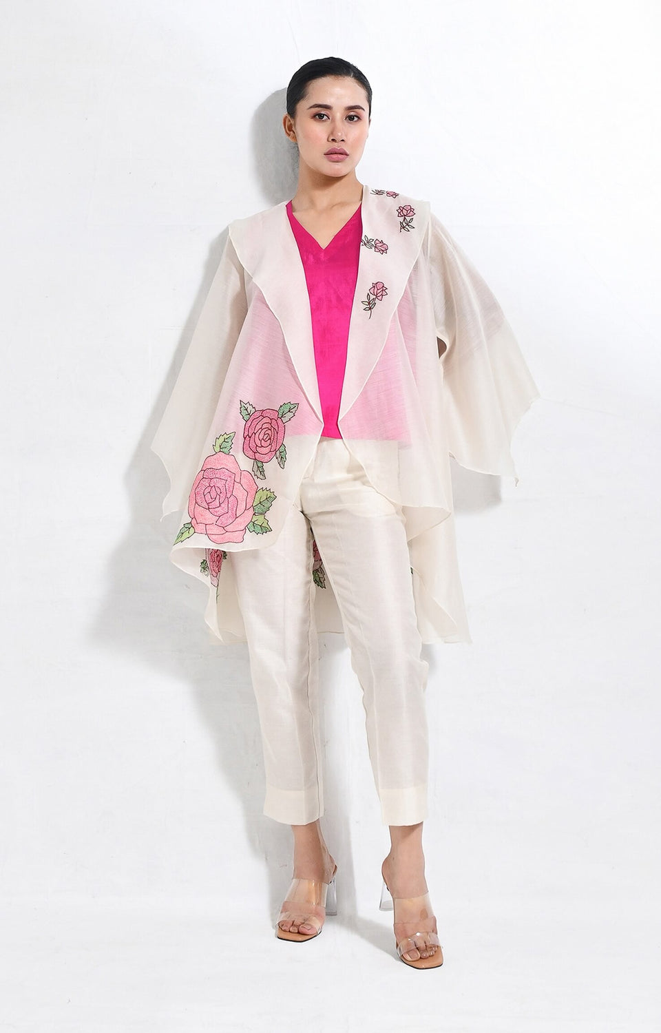Rose chanderi silk jacket co-ord set of 3 – handwoven co-ord set - Hiranya