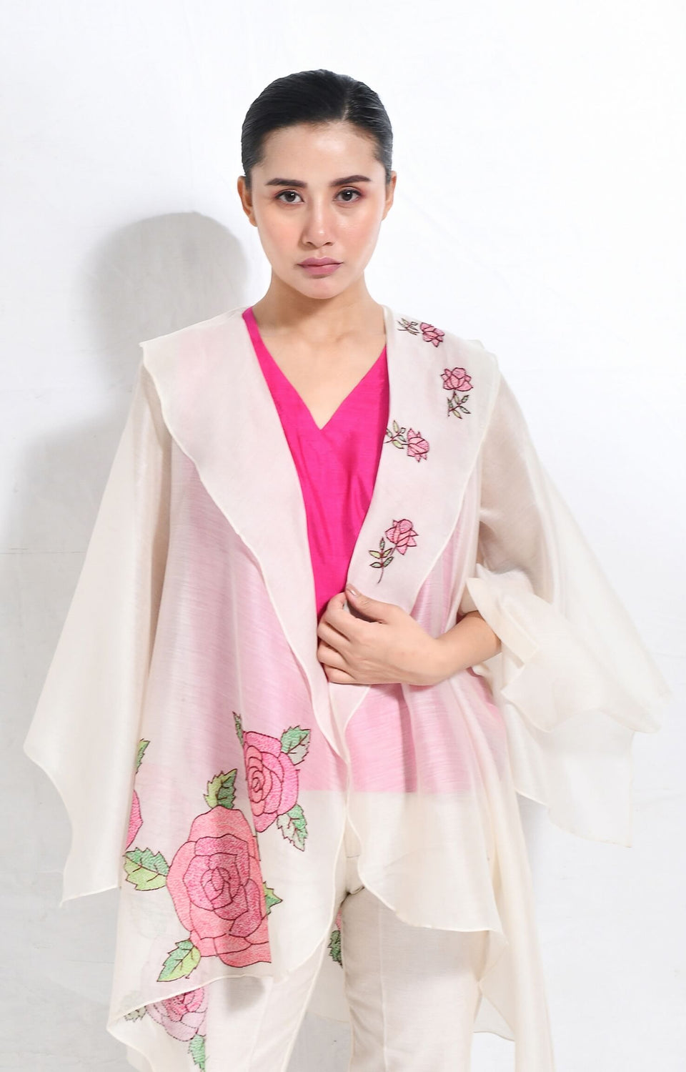 Rose chanderi silk jacket co-ord set of 3 – handwoven co-ord set - Hiranya