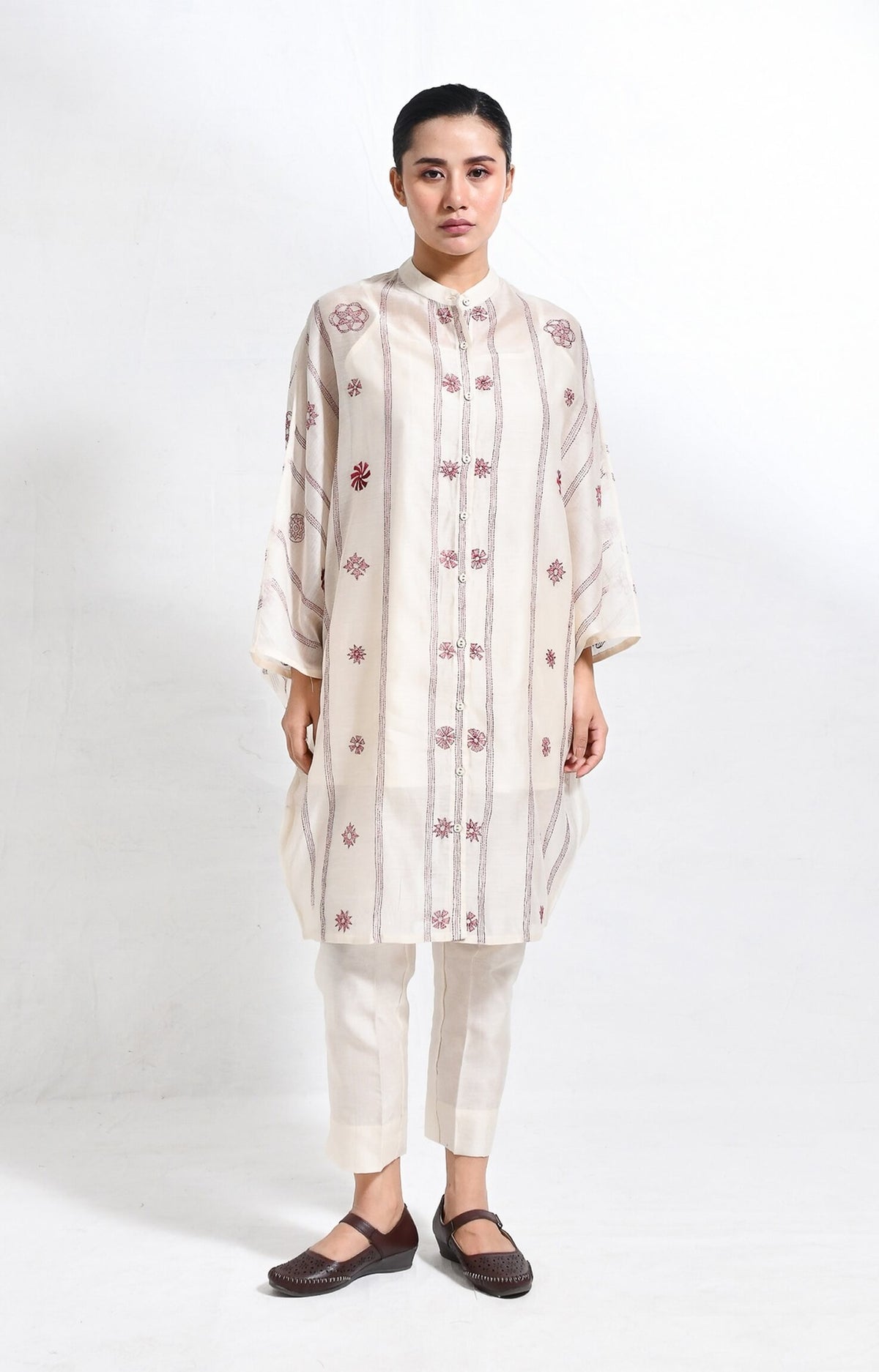 Pearl-white embroidered chanderi silk kaftan co-ord set – Hiranya