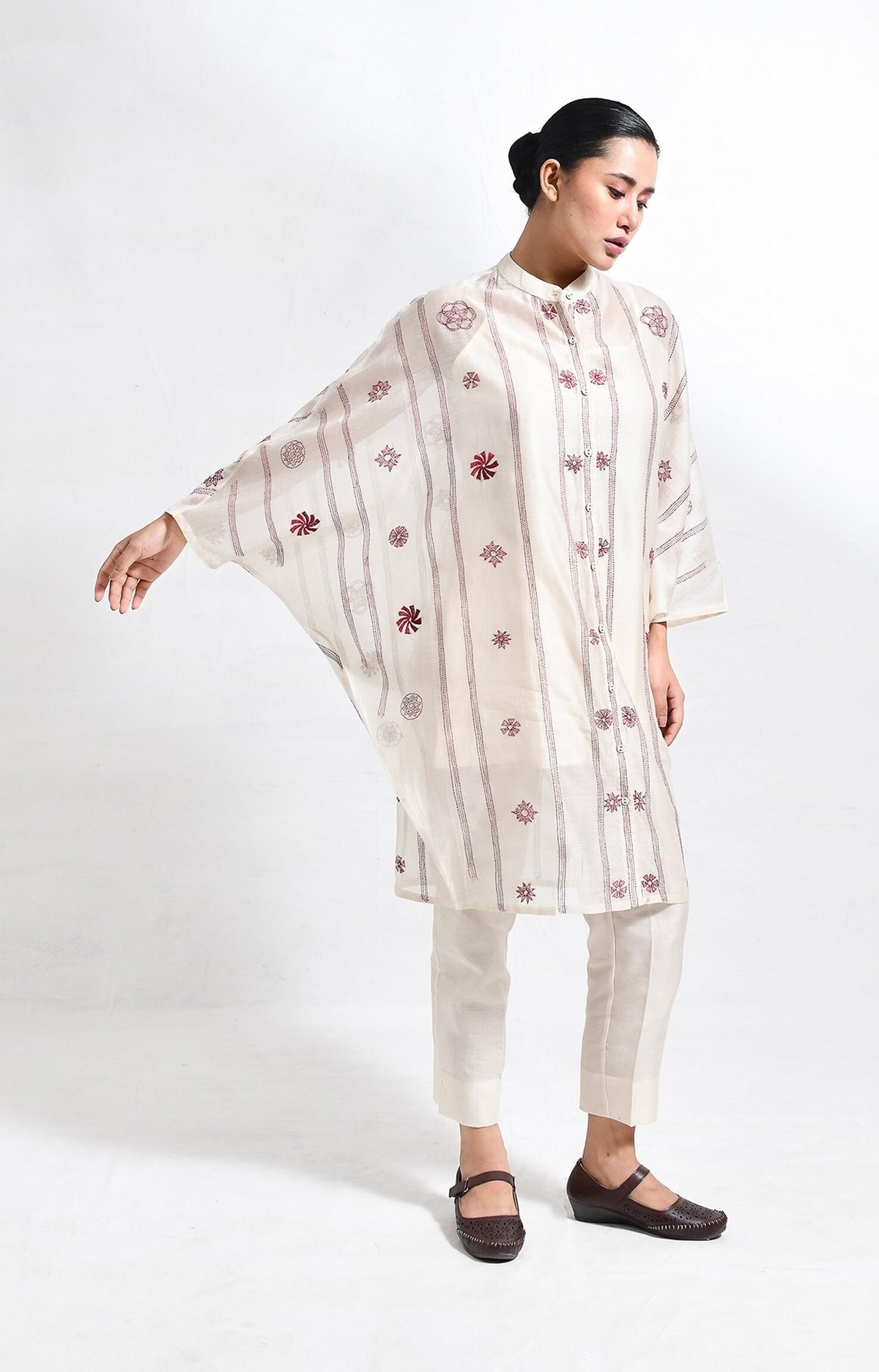 Pearl-white embroidered chanderi silk kaftan co-ord set – Hiranya